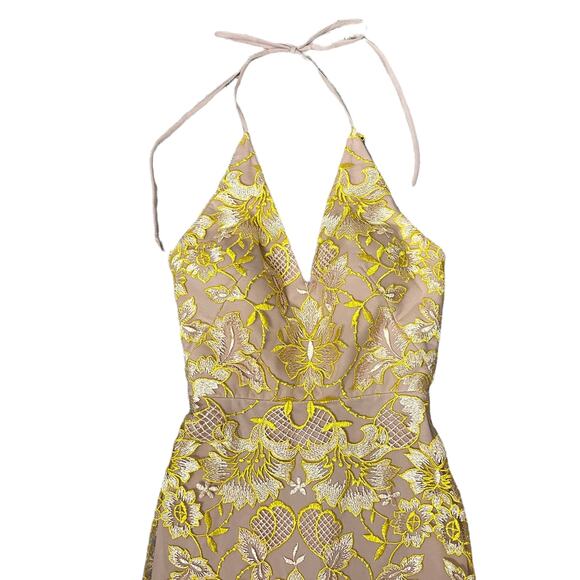 GB Gianni Bini | Yellow & Nude Embroidered Floral Prom Formal Trumpet Maxi Gown - Picture 4 of 12